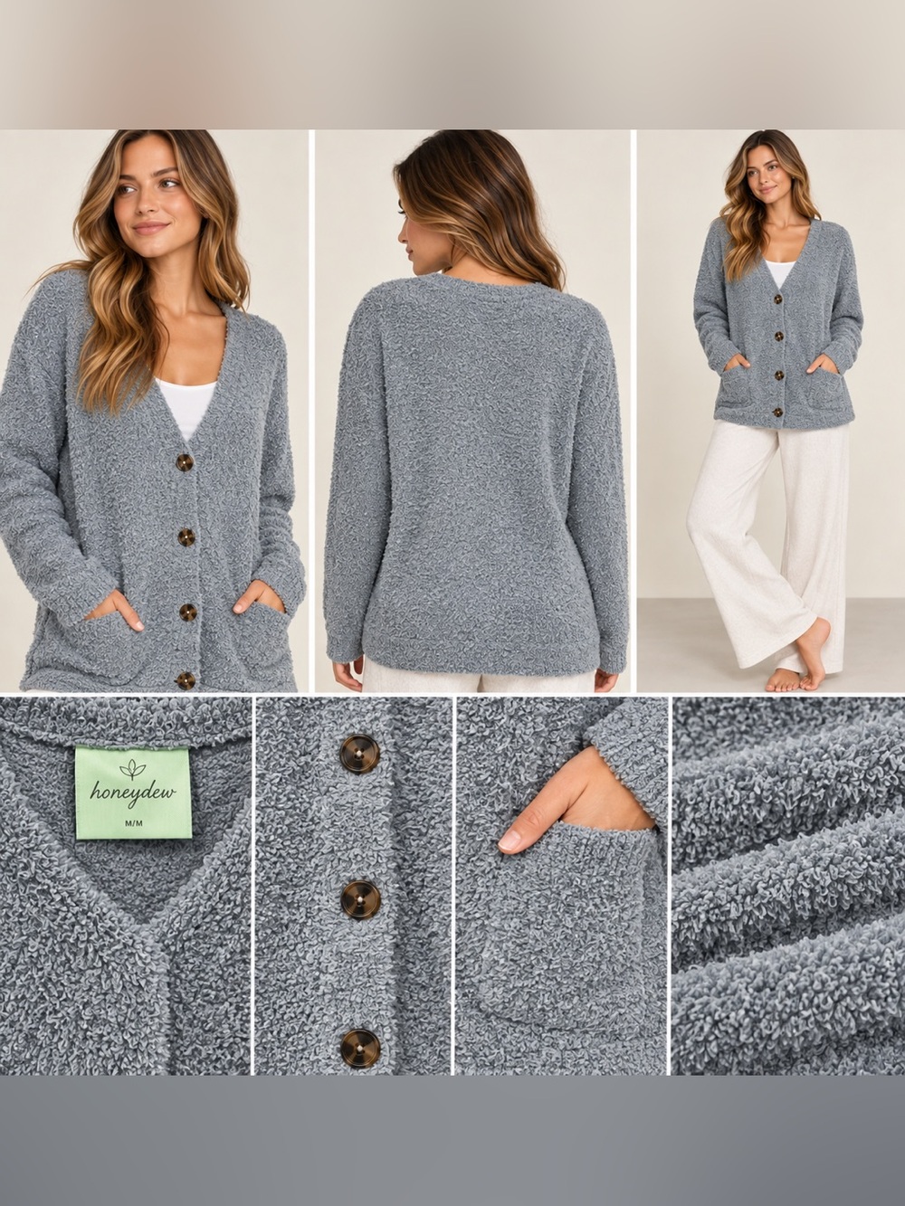 Honeydew Slate Gray Fuzzy Button Front Cardigan Cozy Sweater Size M NWT